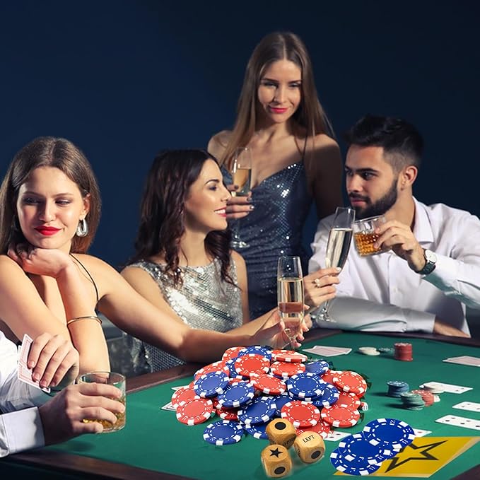 Left Right Center Dice Game Set, Upgrade Right Left Center Dice Game Set with 3 Pcs Beech Wood Dices + 40 Pcs Blue Poker Chips