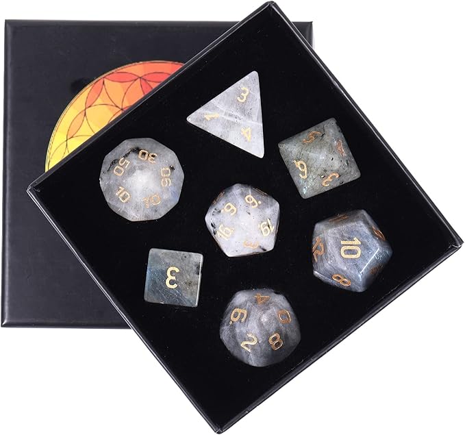 TUMBEELLUWA Engraved Crystal Stone Polyhedral Dice Set for RPG MTG Dungeons and Dragons Table Game 7 Pieces DND Board Game Dices with Pouch, Labradorite