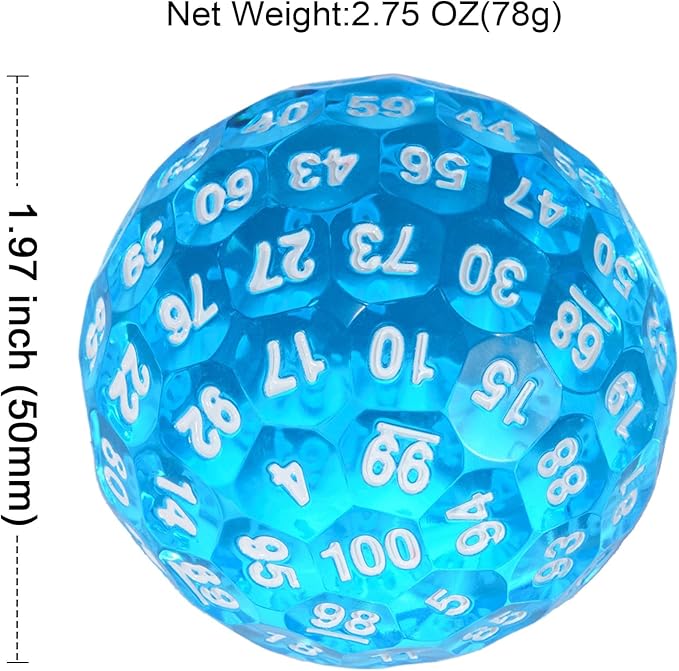 Upgraded D100 Dice, Single 100 Sided Polyhedral Dice D100 Die 50mm, D&D Dice D100 Game Dice, 100 Sided Cube with Metal Storage Tin(T Blue/White Font)