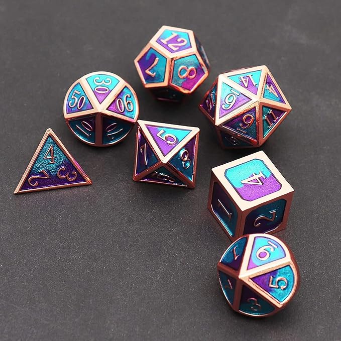 Haxtec Metal DND Dice Set D&D Gifts 7PCS Copper Blue Teal Purple Polyhedral RPG Dice D20 D12 D10 D8 D6 D4 for Dungeons and Dragons TTRPG Games-Mermaid
