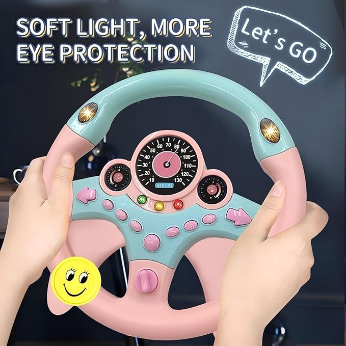 Kids Steering Wheel Toy for Car with Light and Music,Suction Cups Base-Interactive Simulated Driving Toy Steering Wheel for Kids Boys Girls,Pink