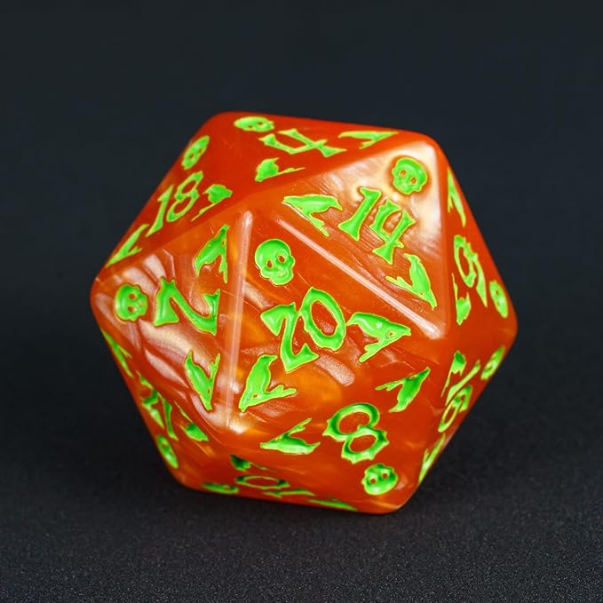 7-Die DND Dice Set Halloween Pattern Polyhedral Die Set with Leather Bag, Skull Dice D&D Die for Dungeons and Dragons RPG Table Games(Halloween Pattern-Orange/Green Number)