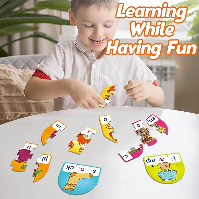 CVCC & CCVC Puzzle Cards for Kids - Word & Phonics Games, Speech Therapy Toys for Toddlers, 4 Alphabet Letter Word Puzzles, Learning Spelling Games