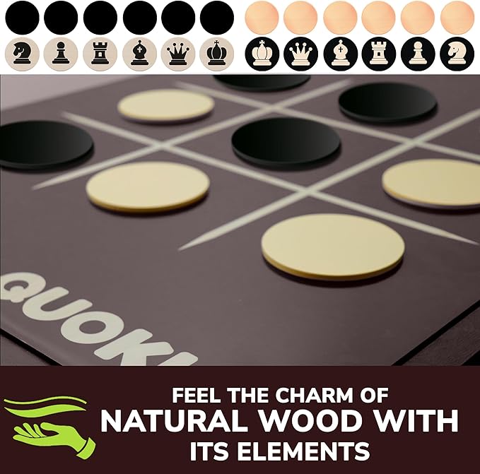 QUOKKA Giant Brown Four in a Row Connect Outdoor Game 4-in-1 SUPERSET - Wooden Jumbo Yard Game for Adults | Backyard Family Party | Big Chess & Checkers | Wooden Tic Tac Toe | All Weather