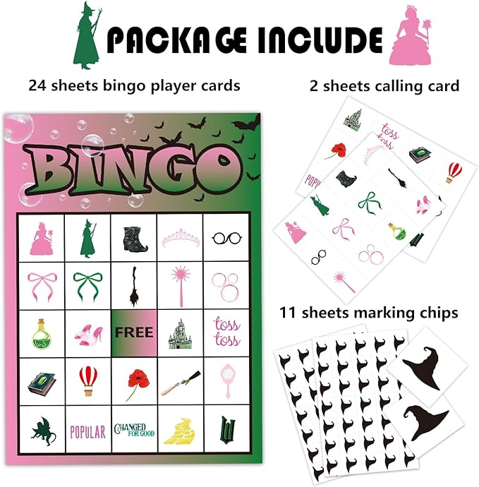 Wicked Bingo Game for Kids Wicked Party Decorations Pink and Green Witch Bingo Cards for 24 Players West Witch Bingo for Adults Birthday Party Board Table Bingo Cards Game for Family Large Group