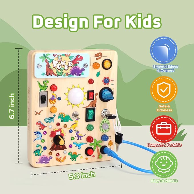 Dinosaur Busy Board with LED Light,Montessori Toy for 1+ Year Old,Engaging Sensory Board for Fine Motor Skills,Gifts & Travel Toys for Toddlers 1-3,Busy Board Plus Version.
