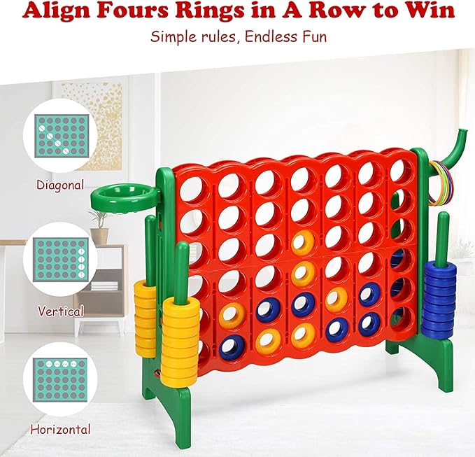 Giant 4 in a Row Connect Game, Jumbo 4 to Score Game Set w/ 42 Chess Rings, Basketball & Hoop, Toss Rings & Quick-Release Lever, Indoor & Outdoor Family Party Game for Kids & Adults