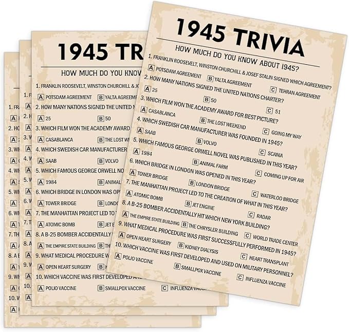 80th Birthday Party Games, 1945 Trivia Games, Birthday Party Supplies for Adults, Fun 1945s Party Game，Pack of 30 Cards