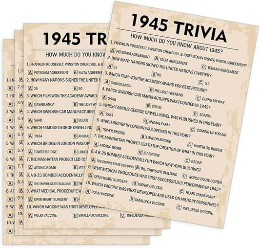 80th Birthday Party Games, 1945 Trivia Games, Birthday Party Supplies for Adults, Fun 1945s Party Game，Pack of 30 Cards