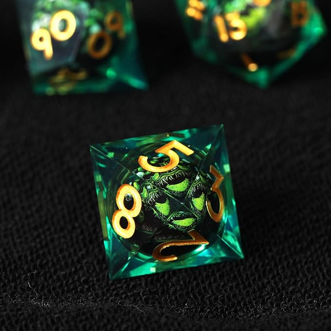 Cthulhu Beholder Polyhedral Resin Dice Set for Dungeons and Dragons Sharp Edge 7 PCS for D&D RPG Starter and Role-Playing Games, with Gift Box (Black-Green)