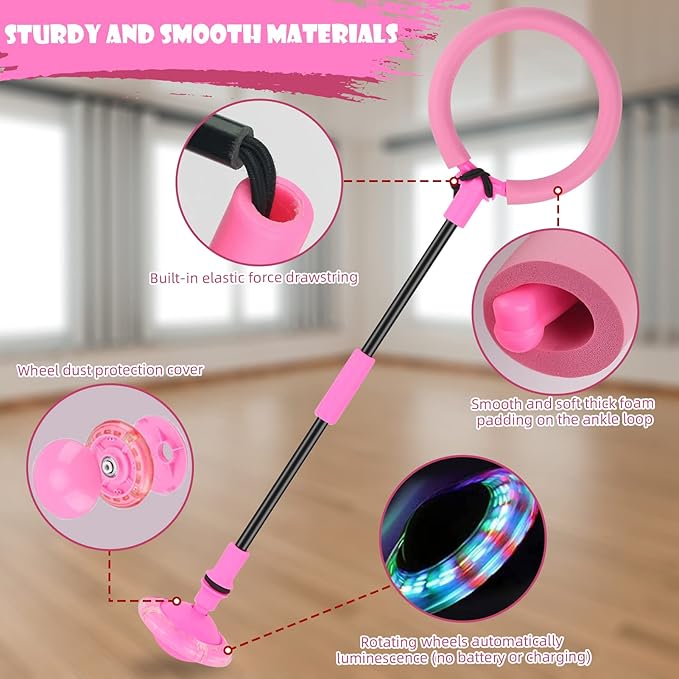 Ankle Skip Ball for Kids, Foldable Colorful Light Flash Wheel Skip Ball for Adults, Indoor Outdoor Game Toys for Kids Girls Boys, Gift for Girls, Boys Ages 5 6 7 8 9 10 11 12 Years Old- Pink