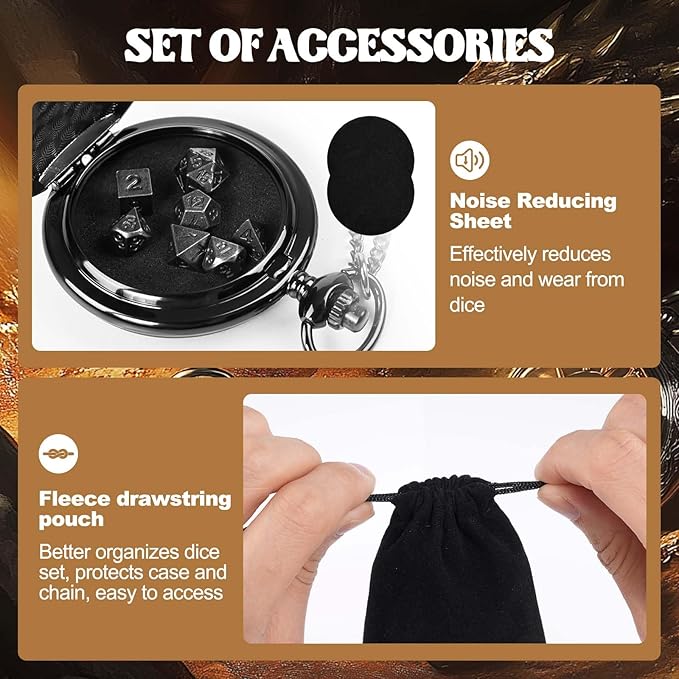 D&D Dice Set,7PCS Metal Dice for Dungeons and Dragons,Mini Dice Set with Pocket Watch Case,Role Playing Board Games Accessories (Dragon, Black)