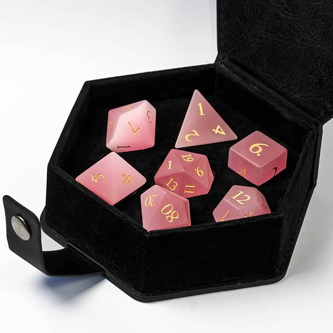 UDIXI Natural Gemstone Dice Set, 7PCS Crystal DND Dice for Dungeons and Dragons, Handmade Stone Dice for Table Games(Pink Cat's Eye)
