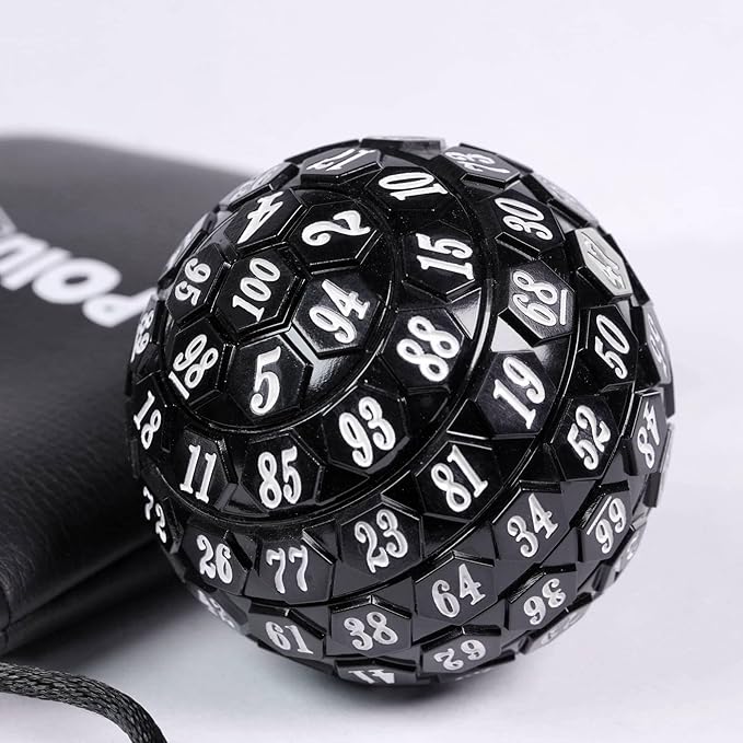 100 Sided Polyhedral Dice, Single D100 Game Dice, 100 Sided Cube with Black Pouch, D100 Dice 48 mm (Black with White Number)