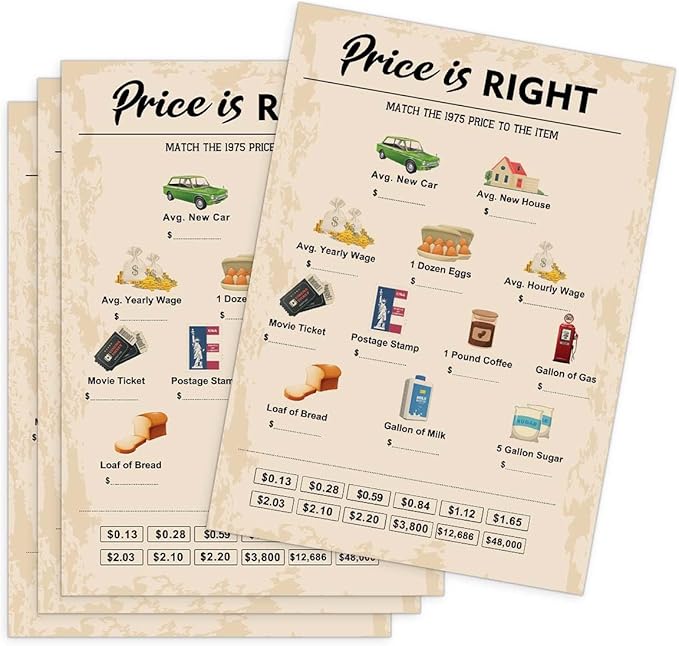 QUPT 50th Birthday Party Games, Price is Right Games, Birthday Party Supplies for Adults, Fun 1975s Party Game，Pack of 30 Cards