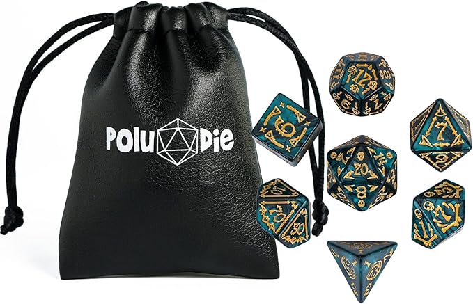 7-Die DND Dice Set Halloween Pattern Polyhedral Die Set with Leather Bag, Skull Dice D&D Die for Dungeons and Dragons RPG Table Games (Halloween Pattern-Green)