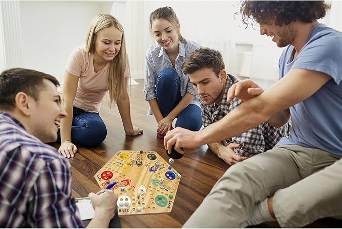 Original Marble Game Wahoo Board Game 16-Inch Double Side Painted Wooden Fast Track Board Game for 6 Player and 4 Player, 6 Colors 36 Glass Marbles 8 Dice for Family Game Night, Friends Party