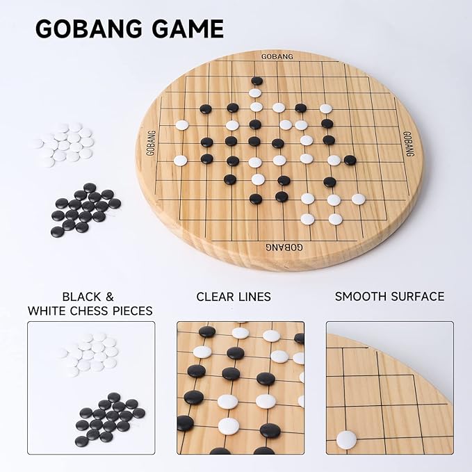 GSE Games & Sports Expert 11.5" Natural Wood 2-in-1 Chinese Checkers and Gobang Board Game Set with 66 Colorful Wooden Pegs and Stones, Classic Strategy Game for Kids & Adults