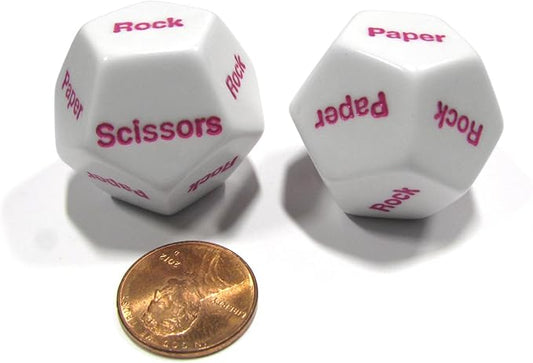 Koplow Games Set of 2 D12 12-Sided Rock, Paper, Scissors Game Dice - White with Pink Letters