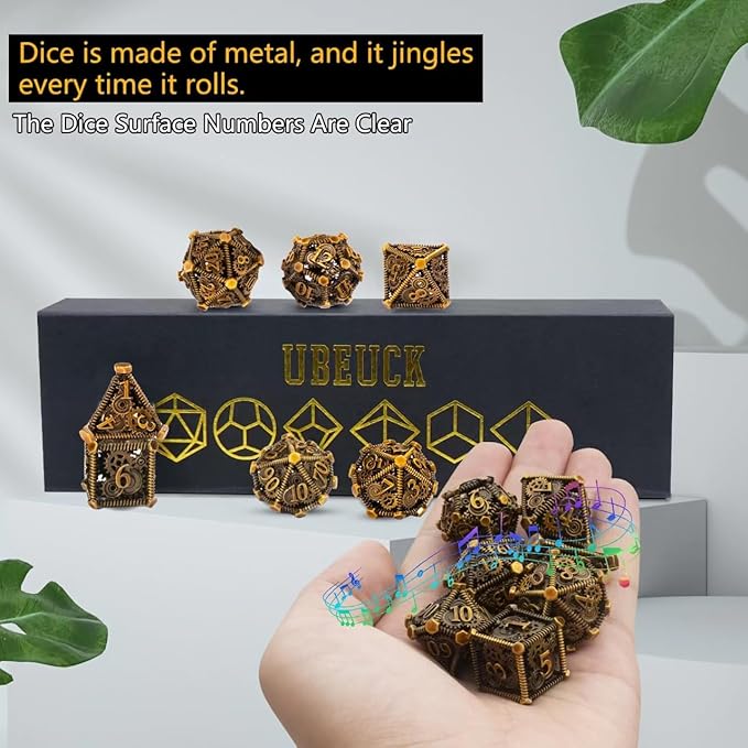 DND Metal Dice Set, UBEUCK 7PCS Gear Metal DND Dice Set for Dungeons & Dragons Board Games Boxes (Gear Ancient Golden)