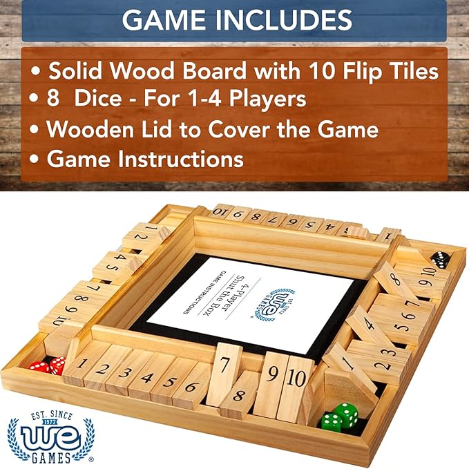 WE Games Shut The Box Board Game - Classic 4 Player Wooden Table Top Dice Game for Family Game Night, Natural Wood, 14 in., 10 Numbers, Classroom Play or Bar Fun for Adults