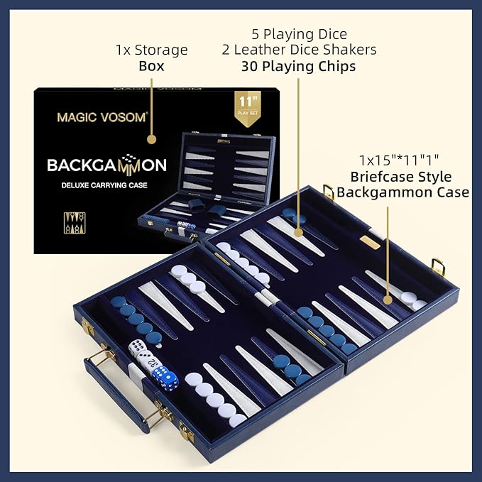 Travel Small 11 Inch Backgammon Blue Sets Classic Board Game with Premium Leather Case, Portable Travels Strategy Backgammon Game Set for Adults, Kids (Blue, Small)