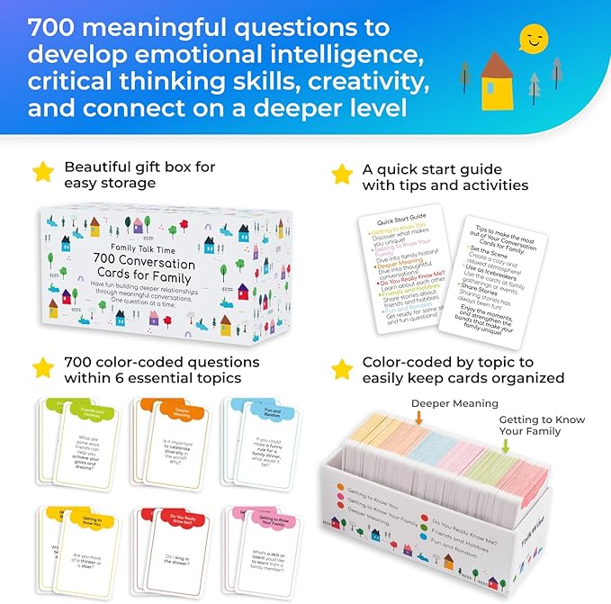 700 Family Conversation Cards, Fun Conversation Starters for Families, Play Dinner Table Games, Family Talking Cards, Color-Coded Across 6 Topics, Take Anywhere