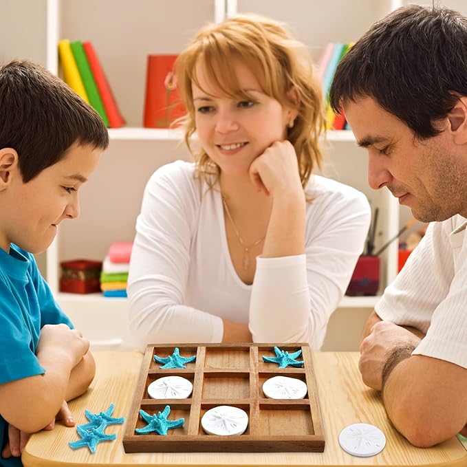 Chunful Beach House Decor Wooden Tic Tac Toe Game with Resin Seashell and Starfish Multilayer Tic Tac Toe Board Fun for Family Travel Beach Game 7.87 x 7.87 x 0.47 Inch (Wood Color)
