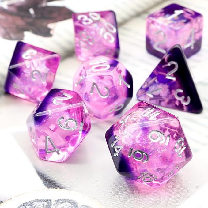 Haxtec DND Dice Set Purple Resin Polyhedral Dice with Iridecent Mylar Inclusions for D&D Dungeons and Dragons TTRPG Gifts