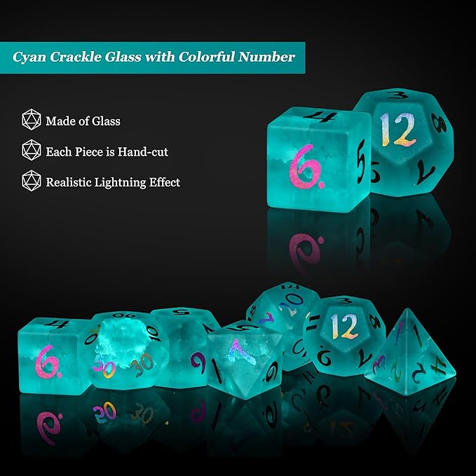 UDIXI Cyan Glass DND Dice Set, 7PCS Cracked Glass Dice for Dungeons and Dragons Tabletop Games