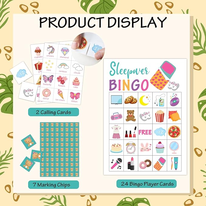 24 Players Sleepover Party Bingo Game Cards, Slumber Party Bingo Game for Large Group, Pajama Party Bingo Game Activity for Family Friend Adult Holiday -06