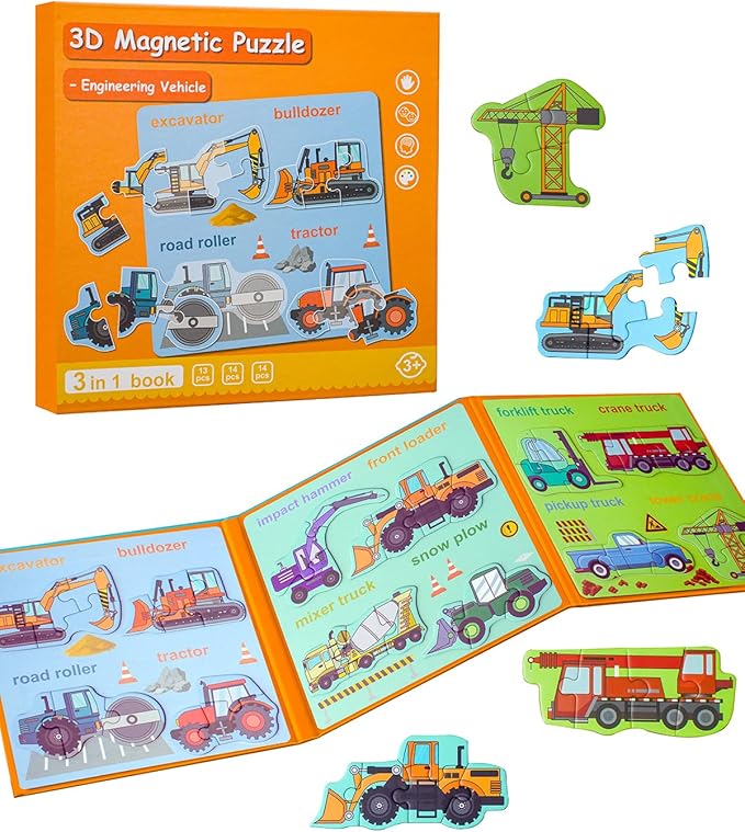 Magnetic Puzzles for Toddlers 3-5, Travel Puzzles for Kids Ages 1-3, Engineering Vehicle Wooden Jigsaw Puzzles Book for Kids 2-4 Learning Gift for Road Trip (Excavator)