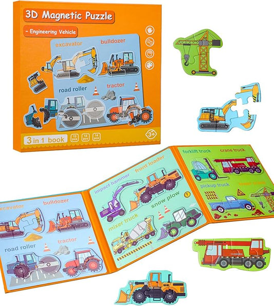 Magnetic Puzzles for Toddlers 3-5, Travel Puzzles for Kids Ages 1-3, Engineering Vehicle Wooden Jigsaw Puzzles Book for Kids 2-4 Learning Gift for Road Trip (Excavator)