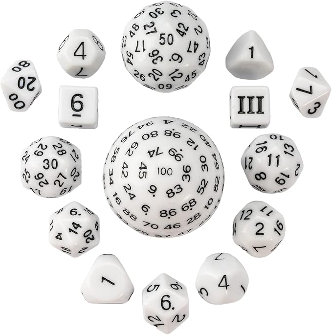 15 Pieces Complete Polyhedral DND Dice Set D3-D100 Spherical D&D Dice Set with Dragon Eye Dice Bag, D100 Dice for Dungeons and Dragons, RPG, MTG Table Games(White w/Black Numbers)