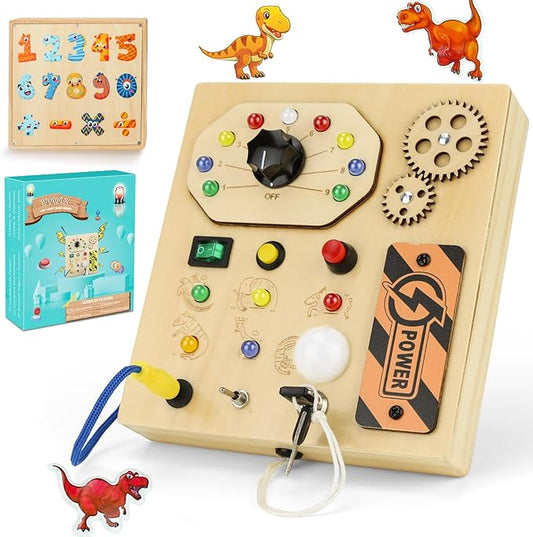 JAMIEWIN Montessori Busy Board with LED Light Switch for Toddlers 1-3, Wooden Sensory Board Travel Toys for Toddlers Baby, Montessori Toys Christmas Birthday Gifts for Boys Girls 1 + Year Old
