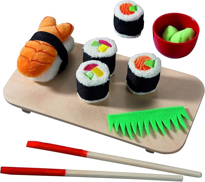 HABA Soft Sushi with Child-Sized Chopsticks & Serving Board Play Food Set - Pretend Play for Toddlers 3-5 and Kids Cooking Sets for Aspiring Chefs