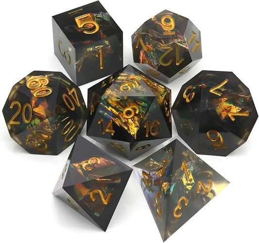 Haxtec Sharp Edge Dice Set DND Dice Black Resin Dice Iridecent Mylar Galaxy D&D Dice for RPG Role Playing Dungeons and Dragons Gift