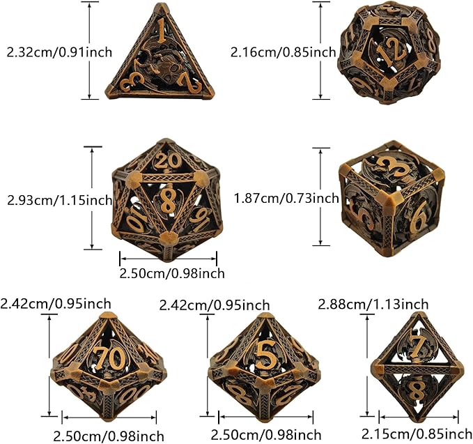 D&D DND Dice Set 7pcs Metal Hollow Polyhedron Dungeons and Dragons Gifts Bag TTRPG MTG Pathfinder Board Game Accessories D and D Roll Playing Dice D20 D12 D10 D% D8 D6 D4-Ancient Gold