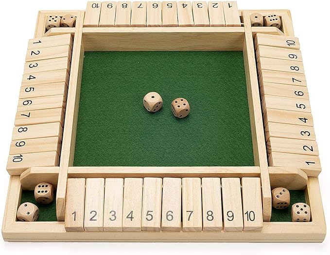 AMEROUS 12 Inches Shut The Box Family Game (1-4 Players), 4 Sided Large Wooden Number Dice Board Game with 12 Dices and Shut The Box Rules for Kids, Adults