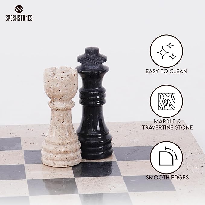 Marble Chess Set 12 Inch Handmade Travertine & Black Board Game with Storage Box, Classic Travel Chess Set for Adults with Pieces & 2 Extra Queens, Elegant Gift & Home Décor