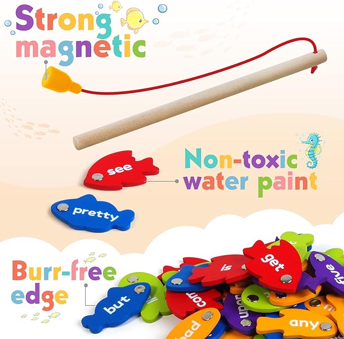 SpringFlower Wooden Magnetic Sight Word Fishing Game, Sight Word Educational Toy for Age of 3,4,5,6 Year Old Kids, Boys & Girls,Homeschool,Visual, Tactile and Auditory Learning