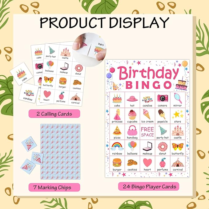 24 Players Birthday Party Bingo Game Cards, Birthday Bingo Game for Large Group, Princess Birthday Party Bingo Game Activity for Family Friend Adult Holiday -05