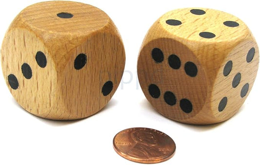 Koplow Games Set of 2 D6 Large Jumbo 30mm Rounded Wood Dice - Wooden with Black Pips