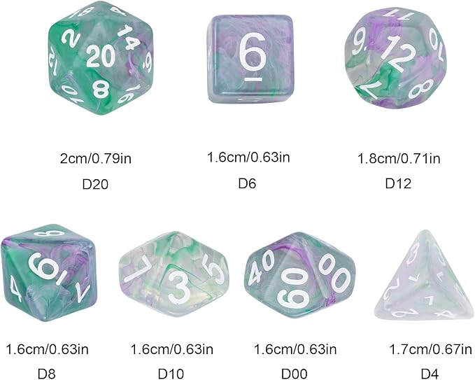 7-Die DND Dice Set Polyhedral Dice Set with a Leather Dice Bag, D&D Dice Set for Dungeons and Dragons, RPG Table Games (Transparent Green Mix Purple)