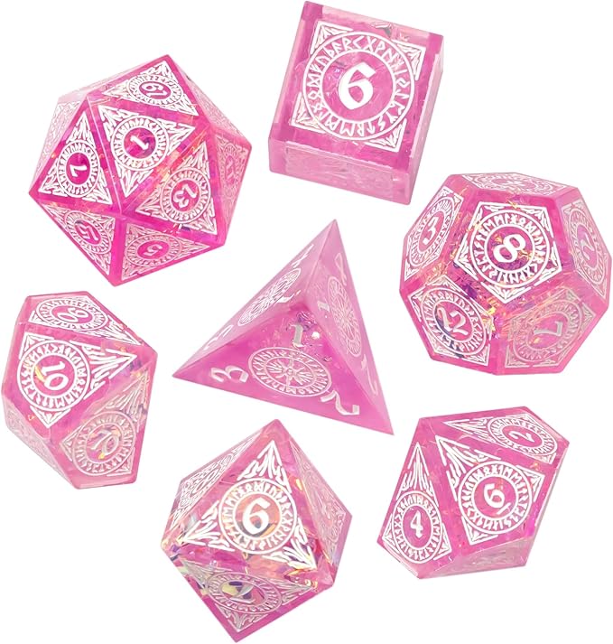 Cusdie 7-Piece Polyhedral DND Dice Set with Sharp Edges, Handcrafted Dice Featuring Rune-Inspired Designs for Role Playing Games Pathfinder (Pink)