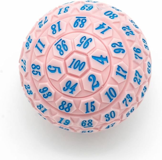 100 Sided Polyhedral Dice, Single D100 Game Dice, 100 Sided Cube with Black Pouch, D100 die 48 mm (Pink with Blue Number)