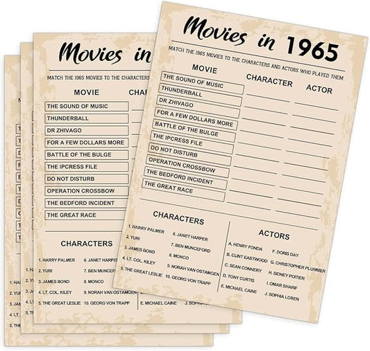 60th Birthday Party Games, Movies in 1965 Games, Birthday Party Supplies for Adults, Fun 1965s Party Game，Pack of 30 Cards