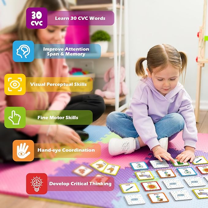Aizweb CVC Word Match Game - 60 Pc Toddler Card Games for Kids Ages 3-6, Phonics Flash Cards for Preschool & Kindergarten Learning Activities, Educational Toys for Home School Supplies