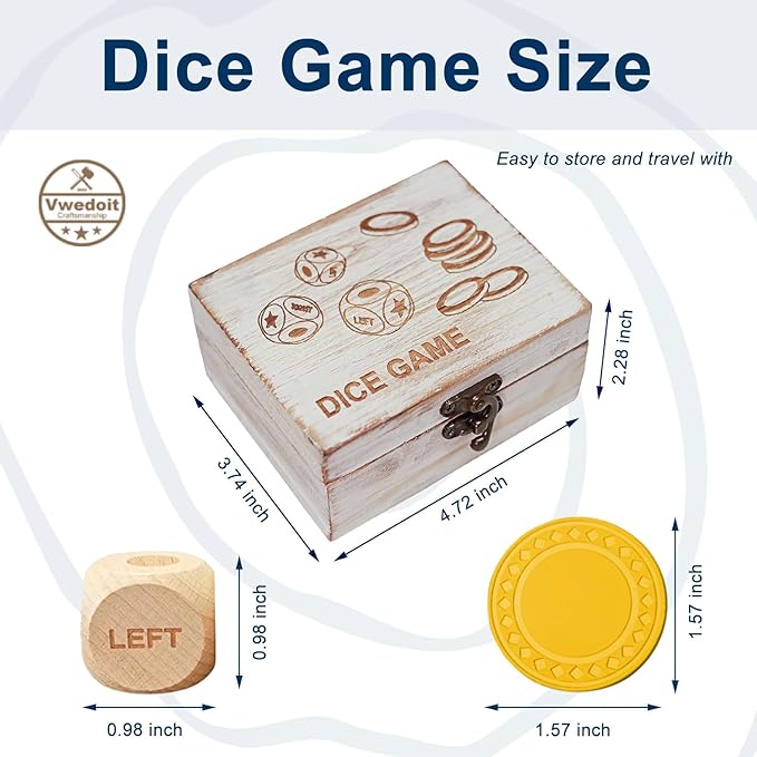 Left Right Center Dice Game Set, 3 1-inch Wood Dice and 48 Thicker Chips in Wooden Storage Box, Portable Travel Dice Games for Family & Friends, White