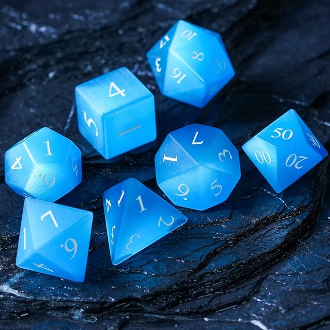 UDIXI Gemstone DND Dice Set 7PCS Stone D&D Polyhedral Dice for Dungeons and Dragons Table Games (Blue Cat's Eye)
